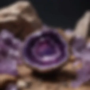 Natural amethyst geode in a geological setting surrounded by minerals