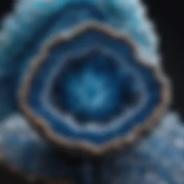 Close-up view of a sparkling blue geode crystal revealing intricate internal patterns