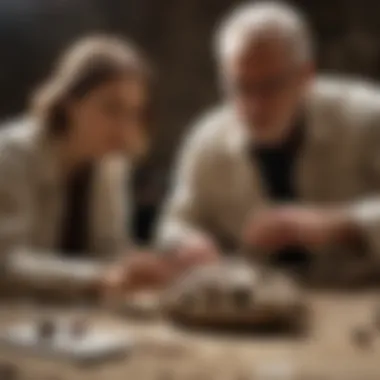 An expert examining a fossil specimen under natural light