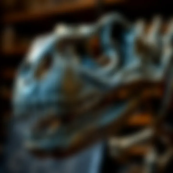 Detailed view of an Allosaurus skull replica showcasing intricate features