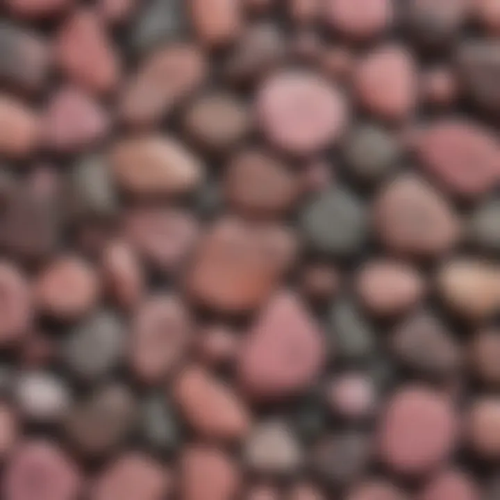 Collection display featuring various specimens of pink rock with black spots