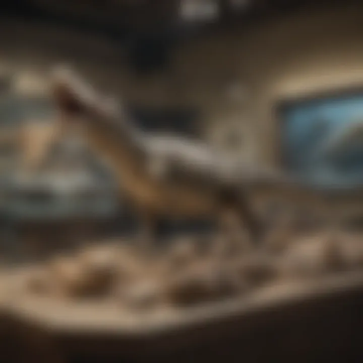 A scenic view of a fossil exhibition featuring mosasaur displays