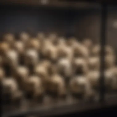 A display case featuring an assortment of unique musk ox skull collectibles