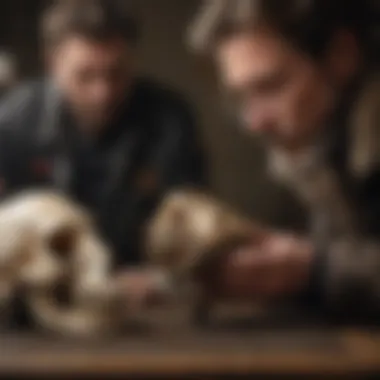 A collector examining a musk ox skull with a magnifying glass