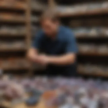Collector examining rare geodes in a shop