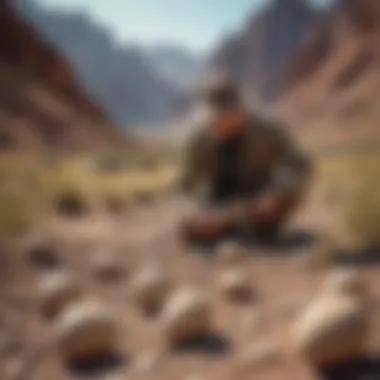 A paleontologist examining empty dinosaur eggs in a field setting.