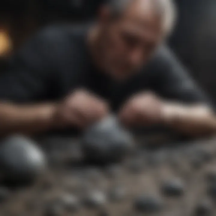 An artist creating a sculpture using black and white stones