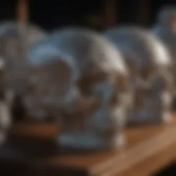 A range of intricately carved crystal skulls displayed on a wooden shelf