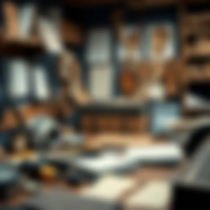 An organized collector's workspace with tools and reference materials for fossilized wood care