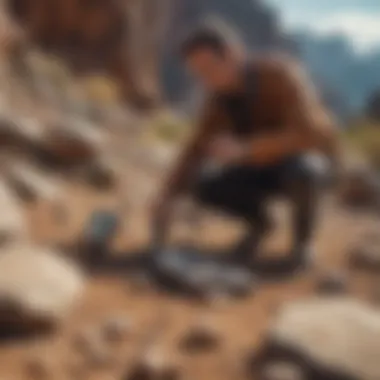 A person using a rock detector app in a natural setting, surrounded by geological formations.