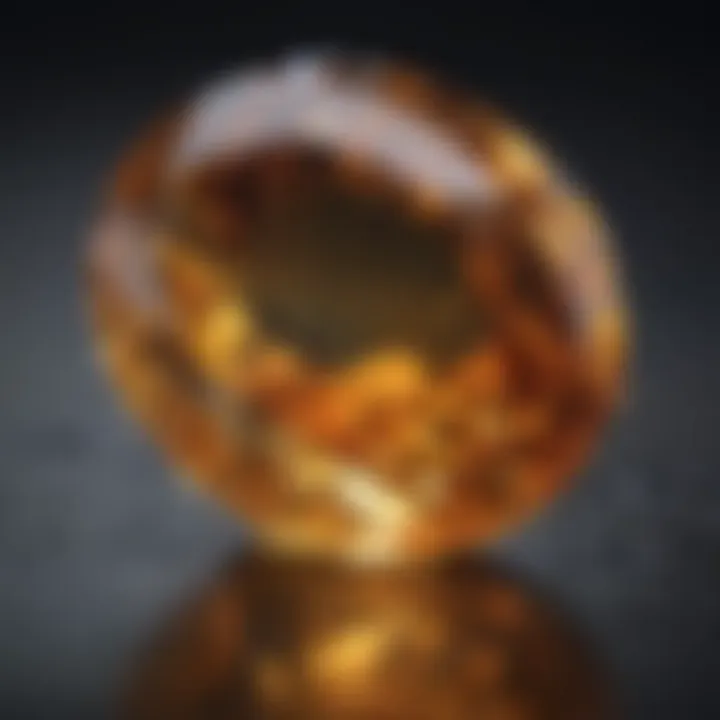 Close-up view of a citrine gemstone highlighting its clarity and brilliance.