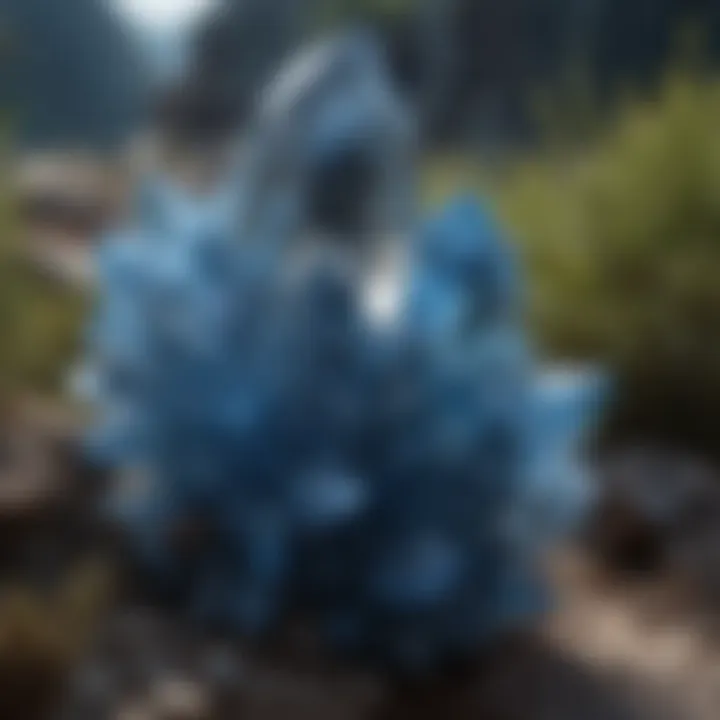 Artistic representation of blue crystals set against a natural backdrop