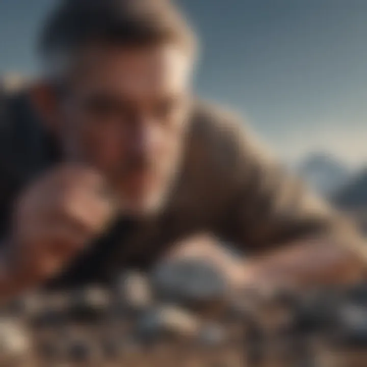 A knowledgeable collector examining rocks with a magnifying glass