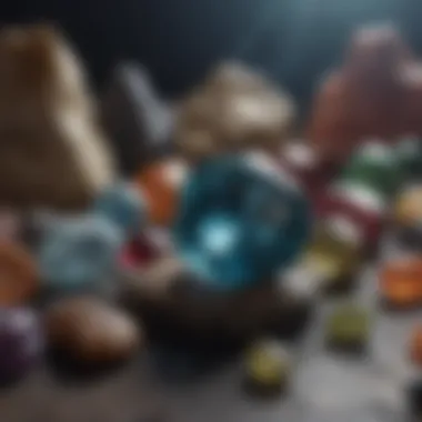 An array of gemstones against a backdrop of cultural artifacts emphasizing their significance