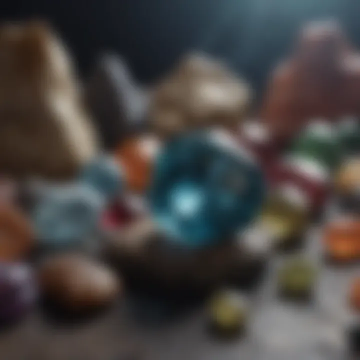 An array of gemstones against a backdrop of cultural artifacts emphasizing their significance