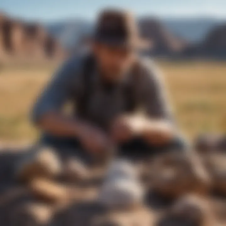 A collector examining geodes in a field setting