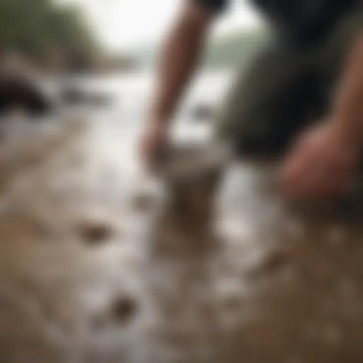 A person using a shark tooth sifter in shallow water