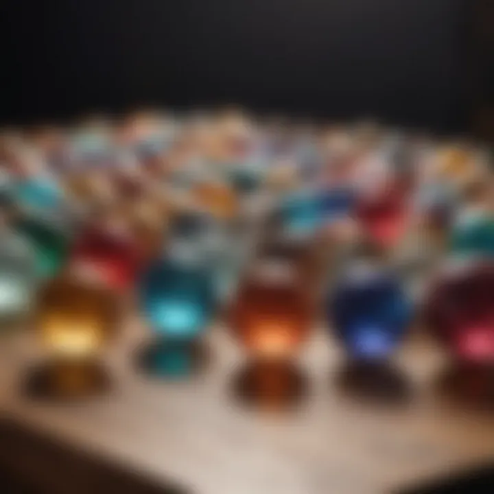 An array of colorful gem spheres displayed on a wooden surface.