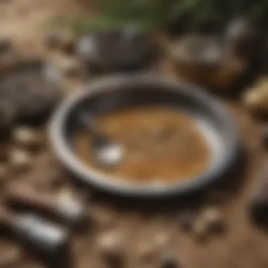 A close-up view of essential gold panning tools and equipment