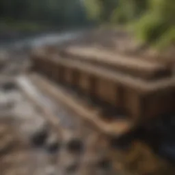 A detailed view of a traditional wooden sluice box set up in a riverbed.