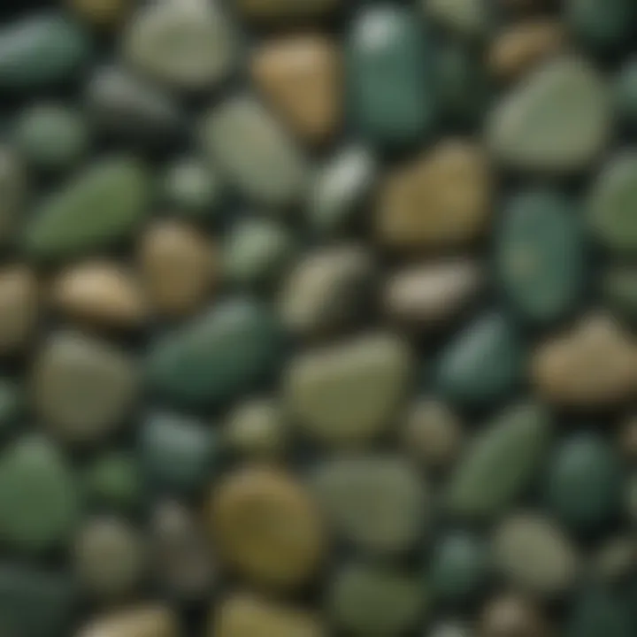 Close-up of a polished green tumbled stone highlighting its surface and color variations