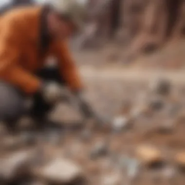 Geologist conducting a field test on a mineral sample in a natural setting