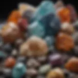 Close-up view of various mineral specimens showcasing distinct colors and textures