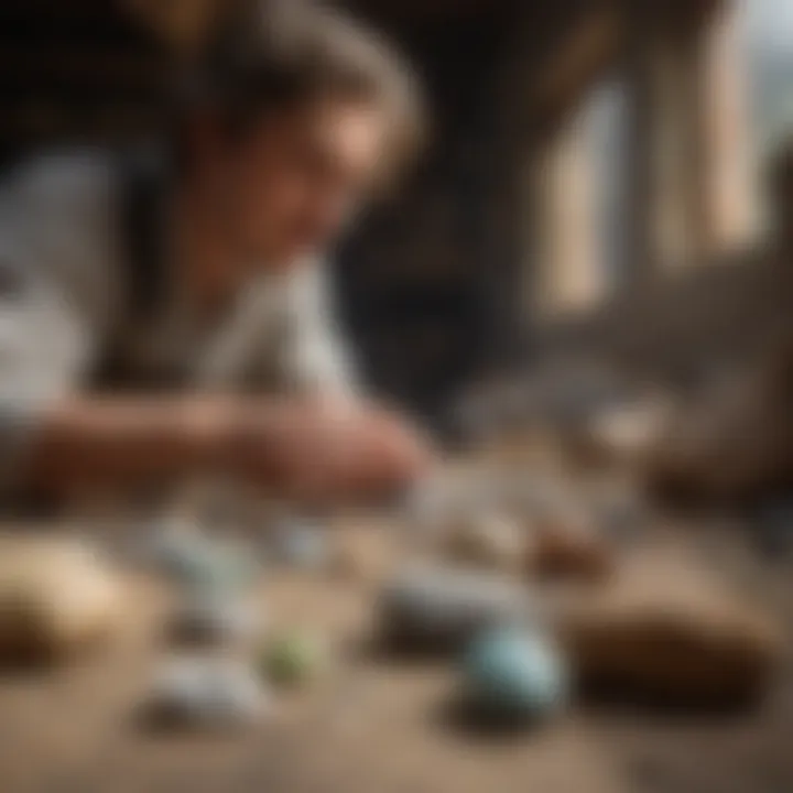 A collector examining stones under natural light for clarity and color.