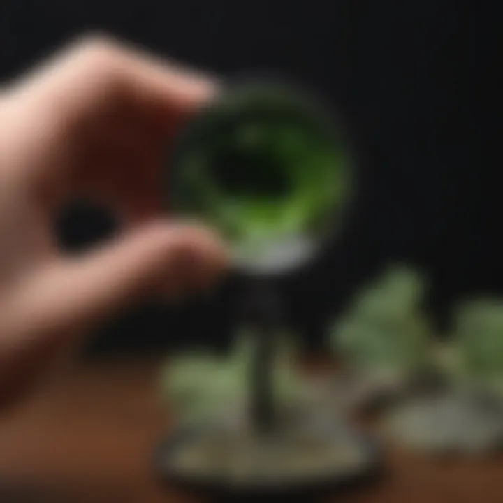 Magnifying glass examining moldavite to illustrate verification techniques