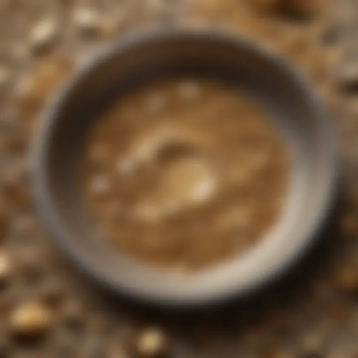 Close-up of a gold pan filled with sand and gravel, revealing potential gold flakes