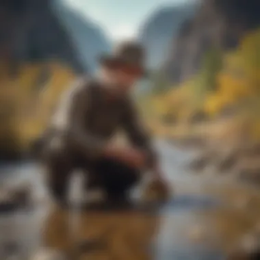 A picturesque scene of a prospector in a serene landscape, engaging in gold panning