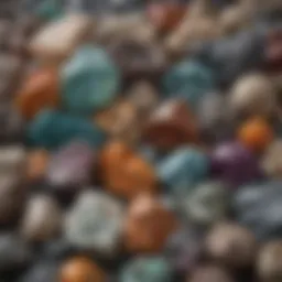 A close-up view of various mineral samples showcasing distinct textures and colors.