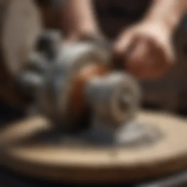 Close-up of a lapidary grinder in action, showcasing the grinding wheel and stone interaction.