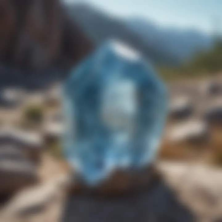 A light blue crystal displayed in a natural setting, showcasing its beauty.