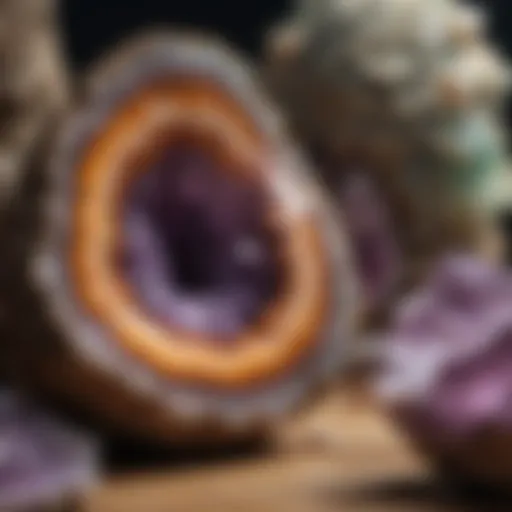 A stunning geode rock split open showcasing vibrant crystals inside.