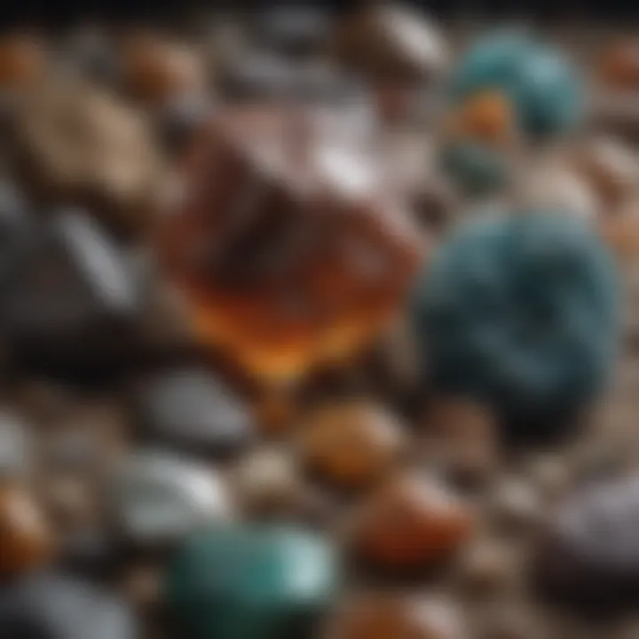 A close-up view of various mineral specimens showcasing unique textures and colors.