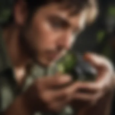 A collector examining a piece of Moldavite under natural light