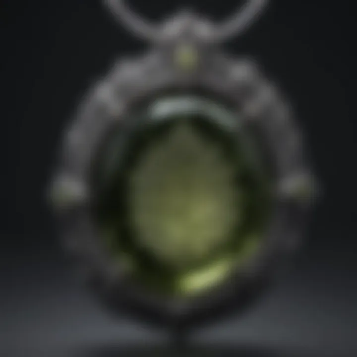 A close-up of a Moldavite pendant showcasing its unique texture