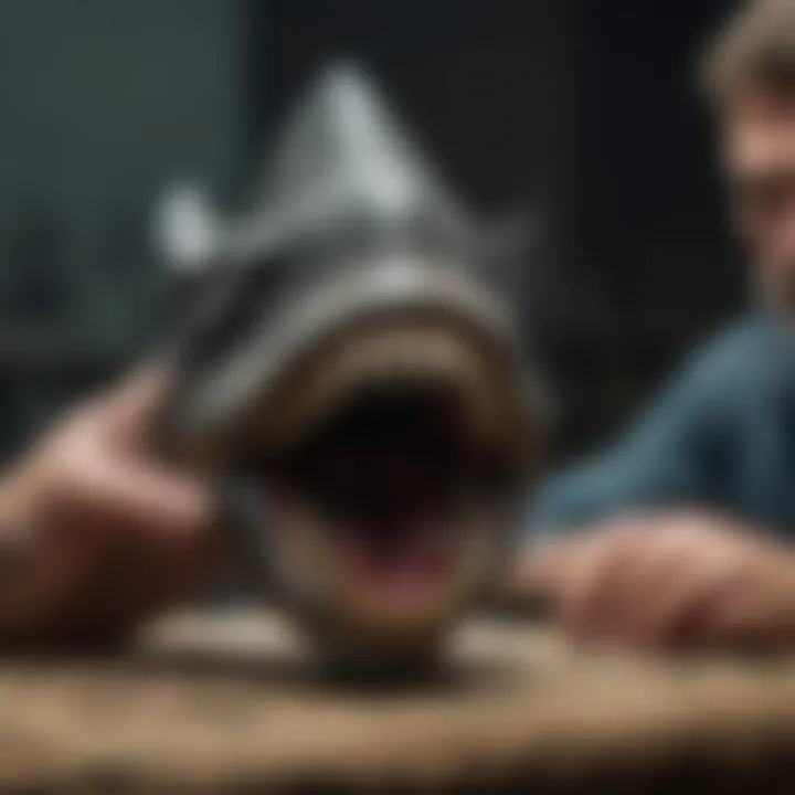 A collector examining a megalodon tooth with an authenticity certificate.