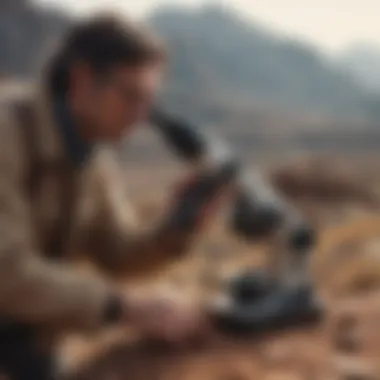 Professional geologist utilizing a petrographic microscope in the field