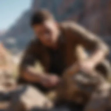 An individual examining a rock specimen under natural light.