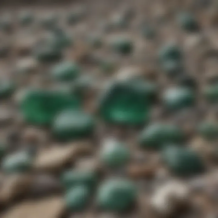 Comparison of raw versus tumbled green stones illustrating the transformation