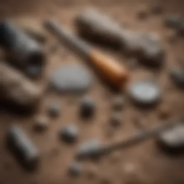 Essential tools for rock hunting laid out on a surface