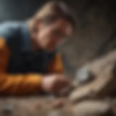 A close-up view of a geologist examining a striking mineral specimen