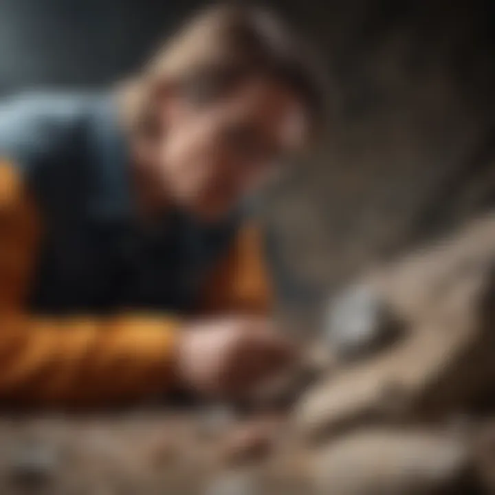 A close-up view of a geologist examining a striking mineral specimen