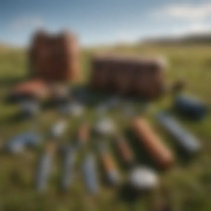 An organized collection of rockhounding tools laid out on a grassy surface