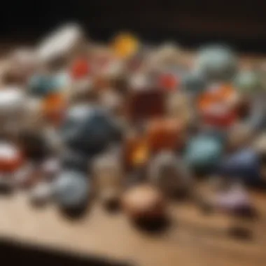 Diverse Selection of Rocks and Minerals A variety of unique rocks and minerals displayed on a wooden table