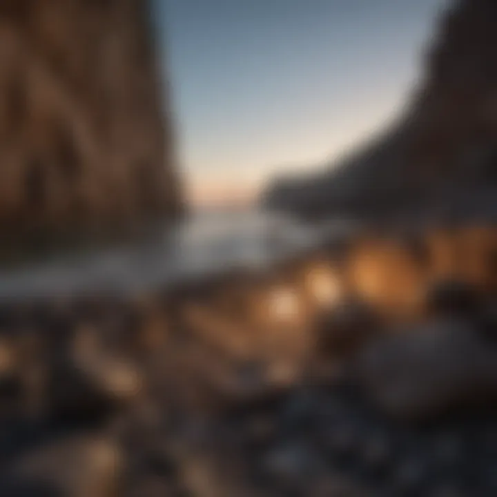 User exploring a rocky shoreline with a flashlight