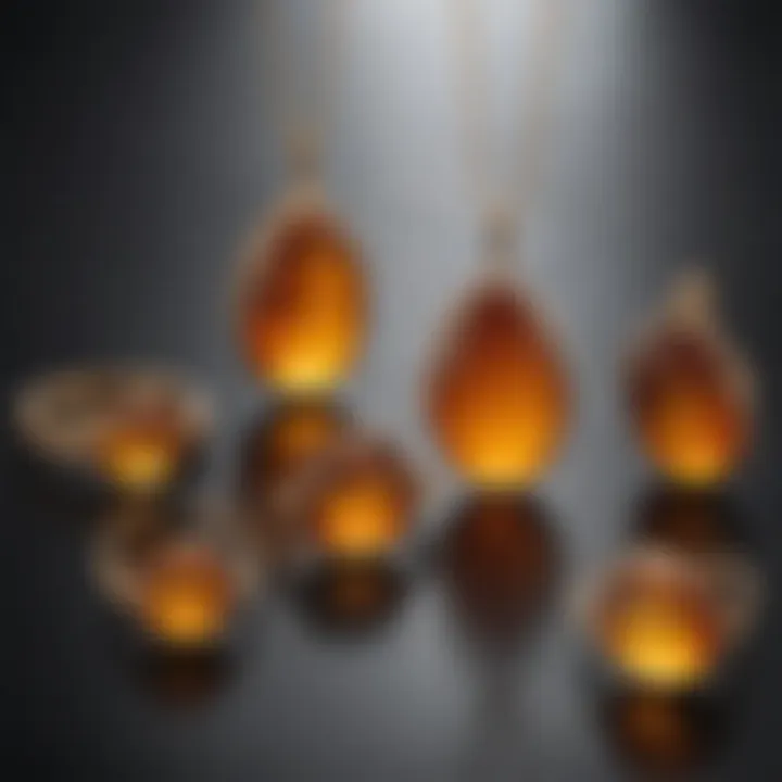 A display of Baltic amber pendants set against a backdrop that accentuates their allure and elegance.