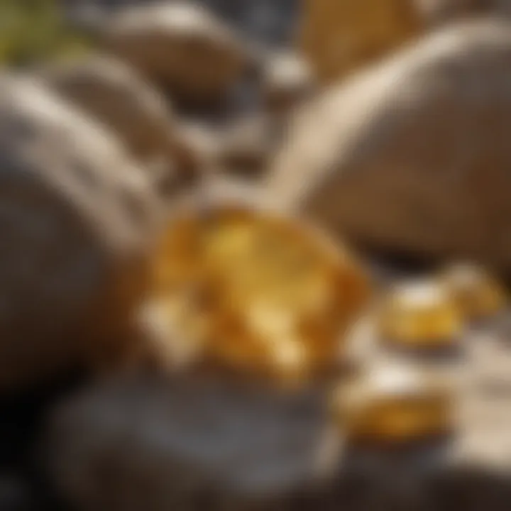 Geological formation showcasing yellow gemstones in their natural setting